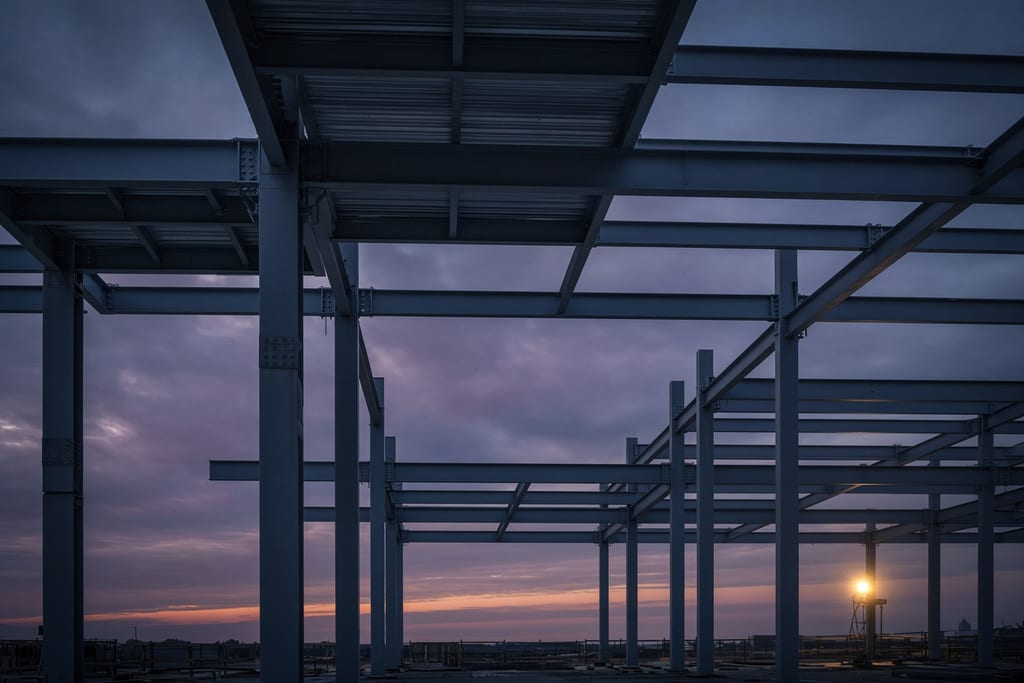 Steel building frame against a dusk sky